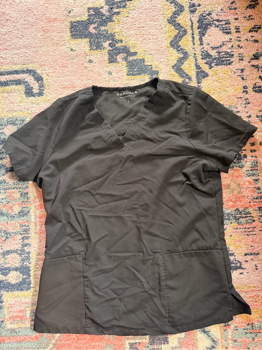 Mandala Black V-Neck Scrub Top - Size S